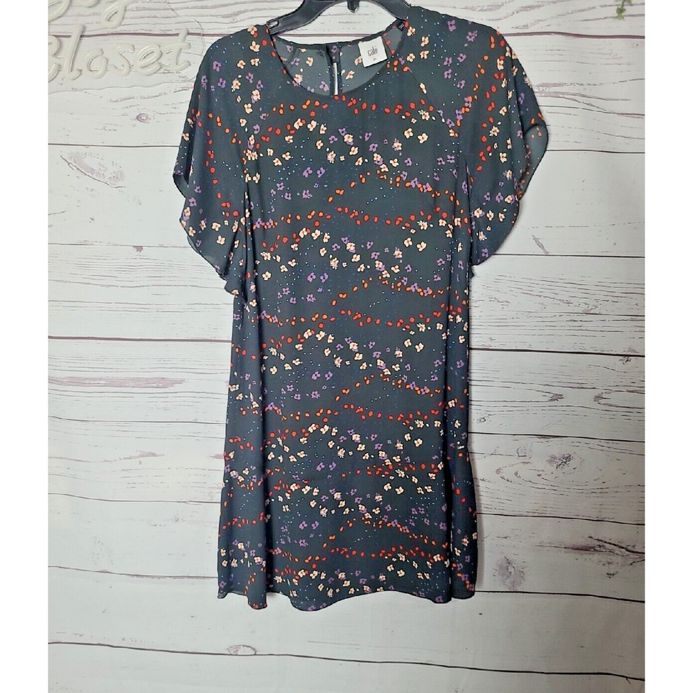 CAbi Black Muse Floral 100% Polyester Flutter Sleeve Shift Dress Womans Size XS